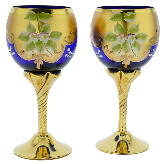GlassOfVenice Set of Two Murano Glass Wine Glasses 24K Gold Leaf - Blue