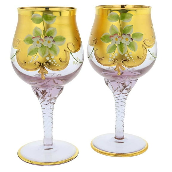 GlassOfVenice Set of Two Murano Glass Wine Glasses 24K Gold Leaf - Lavender