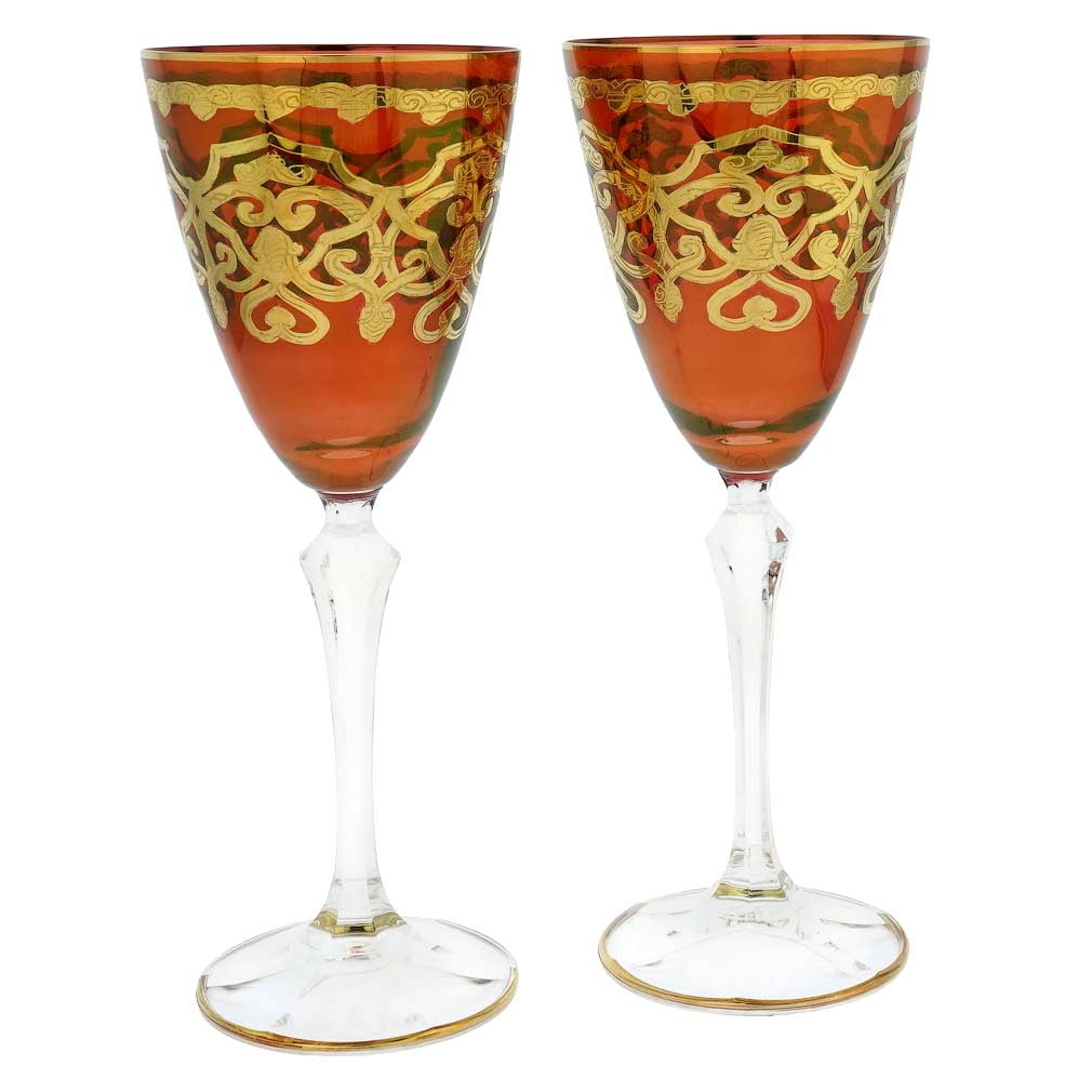 GlassOfVenice Set of Two Murano Glass Wine Glasses 24K Gold Leaf Red