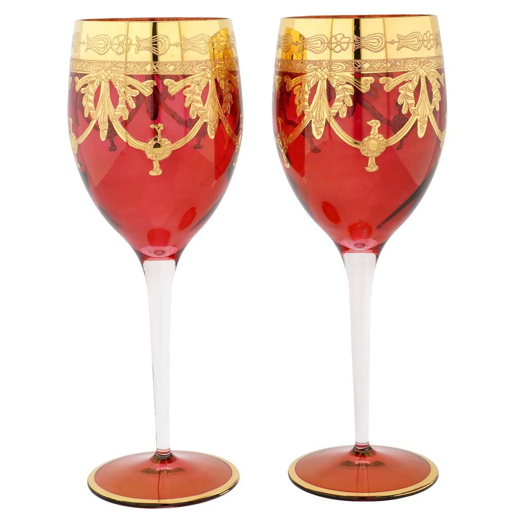 GlassOfVenice Set of Two Murano Glass Wine Glasses 24K Gold Leaf