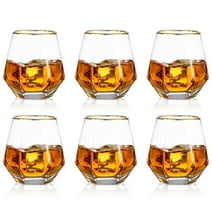 Glasseam 10oz Old Fashioned Diamond Whiskey Glasses With Gold Rim Set of 6 Scotch Glasses for Father's Day Gift