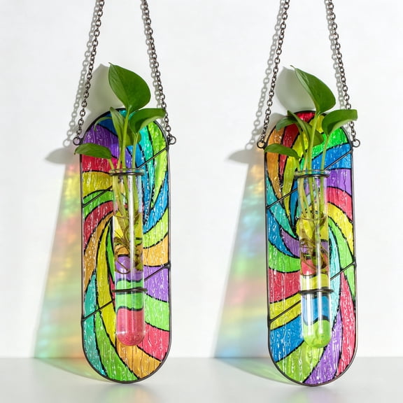 Glasseam 2 Pcs Stained Glass Rainbow Plant Propagation Station, Hydroponic Hanging Vase for Window Decor, Unique Plant Holders for Kitchen Office Gift