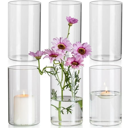 Glasseam 3.3x6 Inch Glass Cylinder Vases Set of 6 Clear Floating Pillar Candle Vase in Bulk for Centerpieces