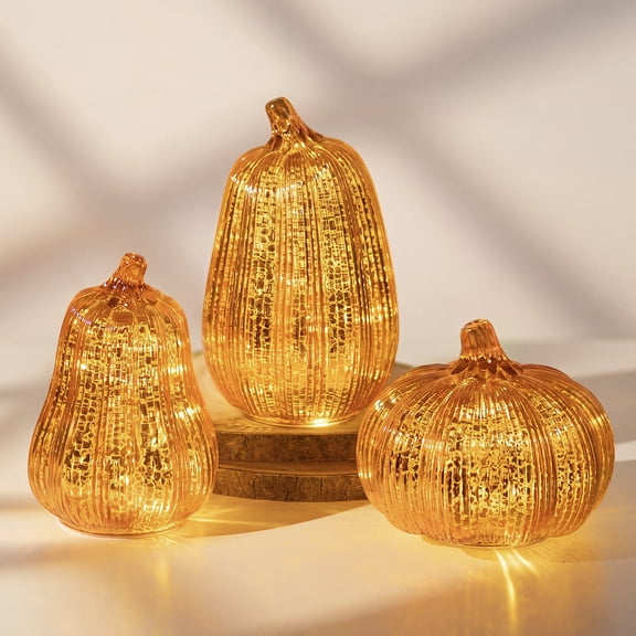 Glasseam 3PCS Ribbed Orange Glass Pumpkin Lights with Timer, Battery-Operated Fall Harvest LED Lamp for Halloween Thanksgiving Table Centerpiece Decor Gift