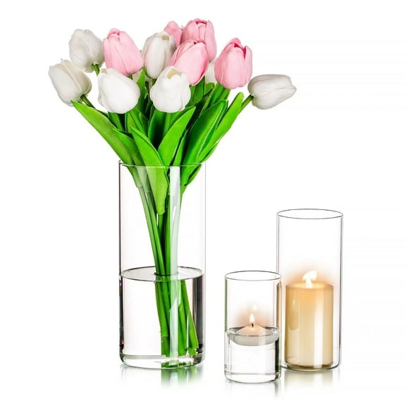 Glasseam 4” 6” 7.8” Simple Design Glass Cylinder Vase Hurricane Pillar Candle Holders, Set of 4