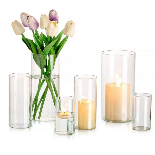 Glasseam Clear Glass Cylinder Hurricane Candle Holder Vases Set of 6 Pillar Centerpieces