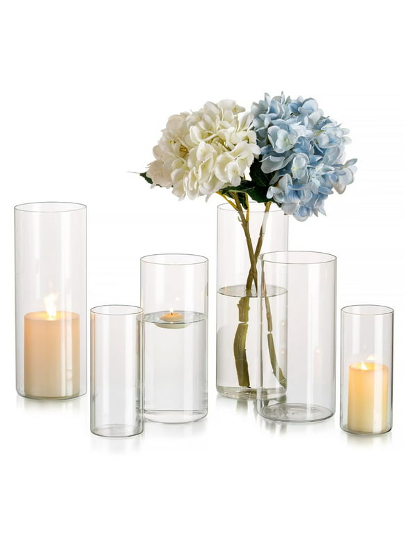 Glasseam Clear Glass Cylinder Hurricane Candle Holder Vases Set of 6 (6"+7.8"+ 10"High)