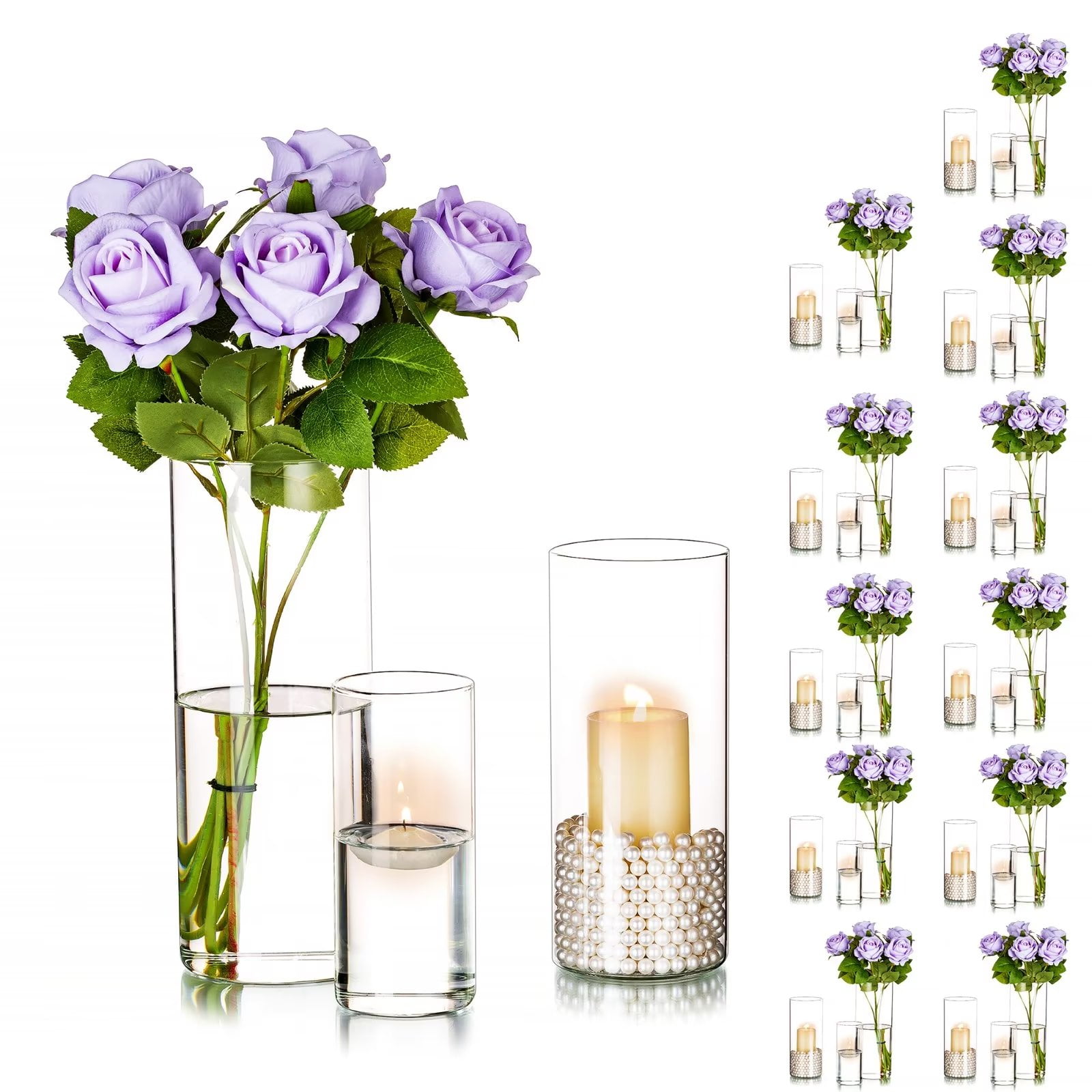 Glasseam Decoration Clear Glass Cylinder Vases Set of 36 Bulk Flower Vase for Wedding Table Centerpieces 6", 7.8" & 10"H