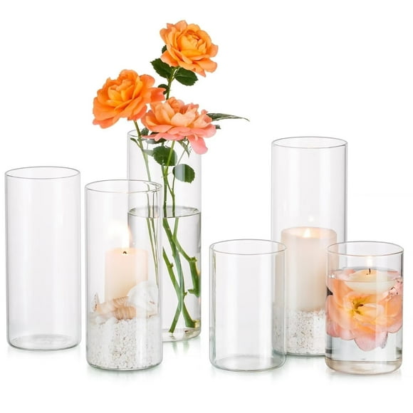 Glasseam Glass Cylinder Vase in Bulk for Wedding Centerpieces 2.4" Dia x(4"+6"+8")Tall Clear Hurricane Floating Candle Vases Set of 6