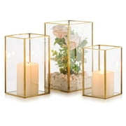 Glasseam Glass Hurricane Candle Holder for Table Centerpiece Gold Lantern Candle Holders for Pillar Candles Set of 3