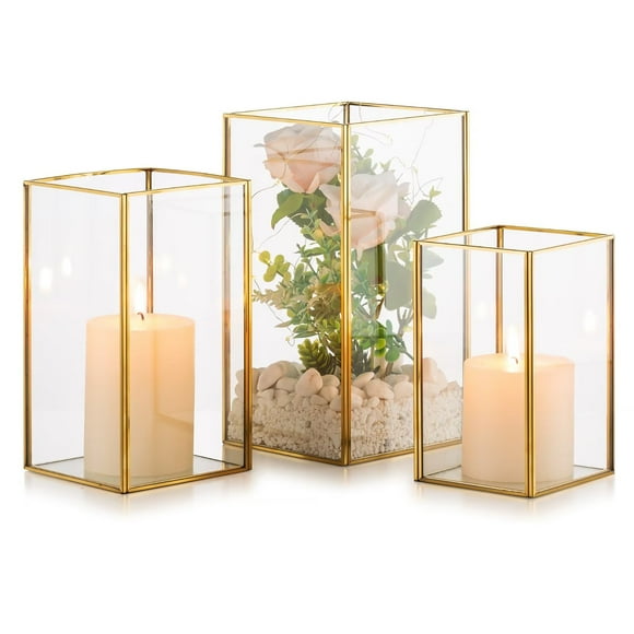 Glasseam Glass Hurricane Candle Holder for Table Centerpiece Gold Lantern Candle Holders for Pillar Candles Set of 3