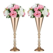 Glasseam Gold Vase for Wedding Centerpiece Table Decorations 2Pcs Metal Flower Stand 16.5" Tall Trumpet Vases for Birthday Party Babyshower Decor