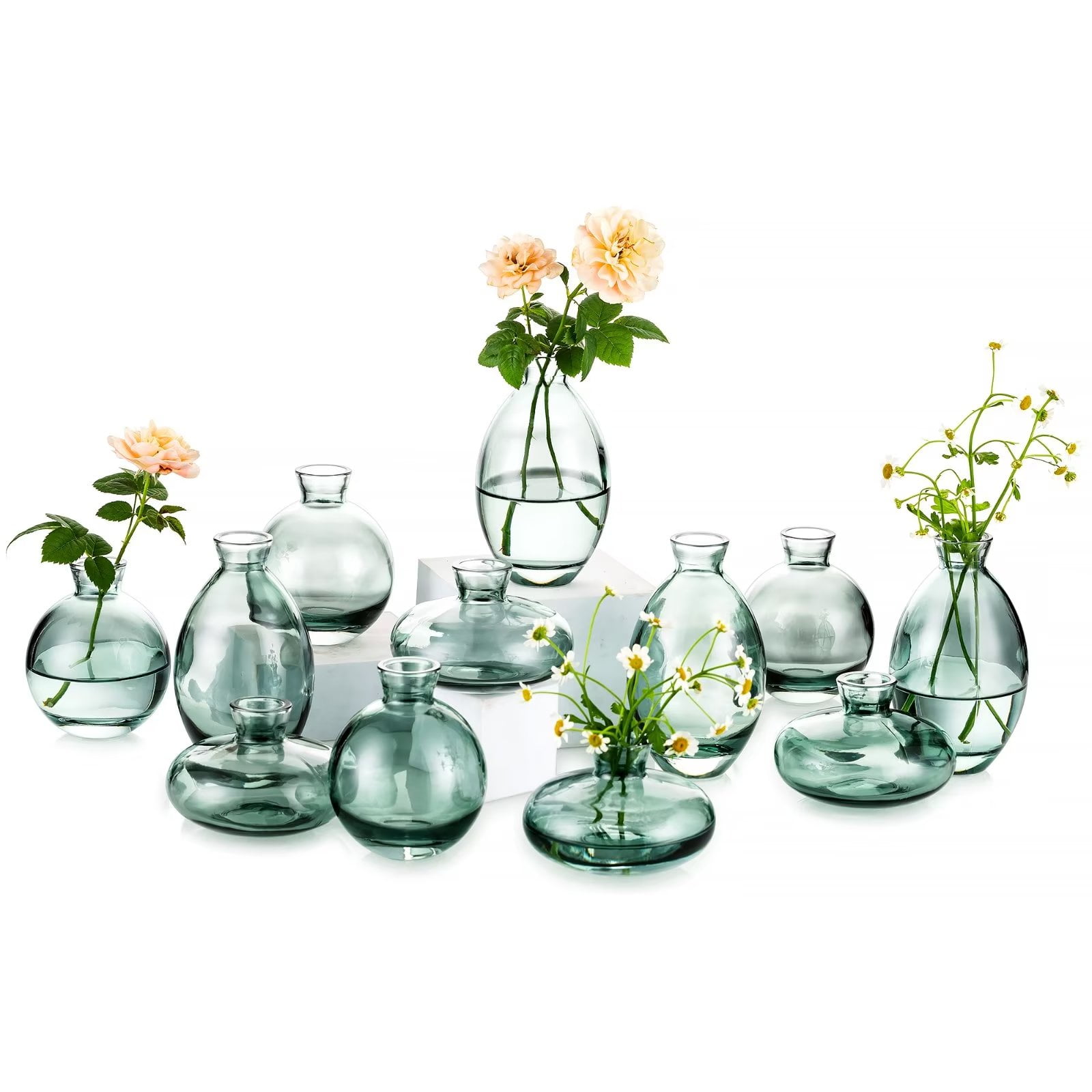 Glasseam Mini Bud Vases for Flowers Set of 12 Green Small Glass
