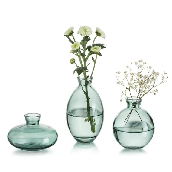 Glasseam Mini Bud Vases for Flowers Set of 3 Green Small Glass Vase for Centerpieces