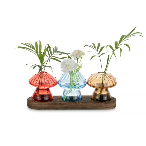 Glasseam Mushroom Glass Plant Propagation Station Set of 3: Unique Hydroponic Planter with Wood Stand, Cute Terrarium Jars for Indoor Plants, Perfect Home or Office Decor for Plant Lovers