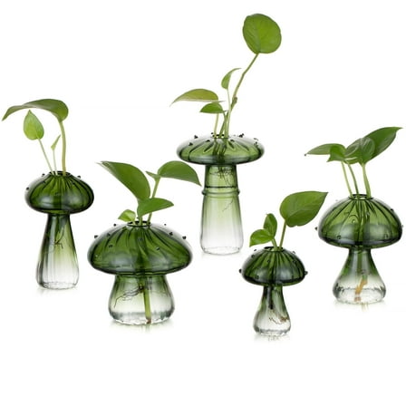 Glasseam Green Mushroom Vases: Glass Propagation Stations Terrarium Jar Set of 5 Cute Planters for Indoor Plants Mini Propagate Station Unique Christmas Birthday Gifts for Women Home Office Decor