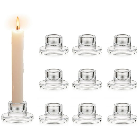 Glasseam Set of 10 Small Taper Candle Holders Bulk: Clear Short Candlestick Holders for Table Decor Dinner Party Holiday Centerpiece Thick Glass Rustic Modern Style