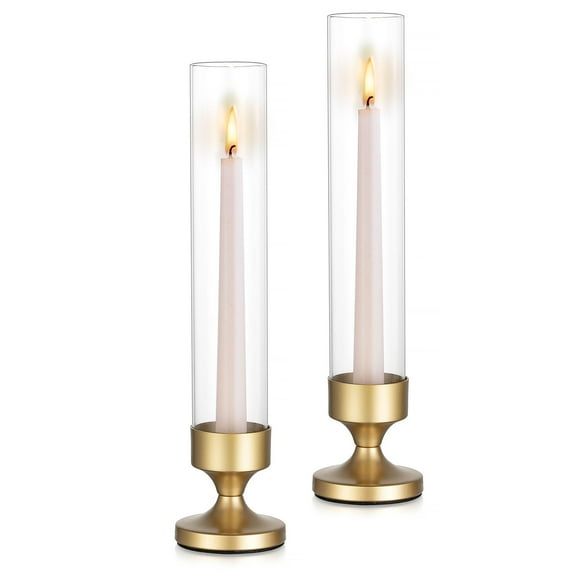 Glasseam Set of 2 Gold Metal Glass Hurricane Candle Holders: Windproof Taper Candle Sticks for Wedding Dinner Table Decor (9.7" Glass Cylinder Matte Gold Base)
