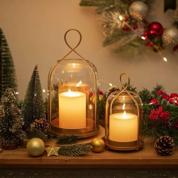 Glasseam Set of 2 Gold Metal Glass Hurricane Lantern: Farmhouse Style Candle Holders with Clear Dome for Pillar Candles, Tabletop or Hanging Decor (S/L)