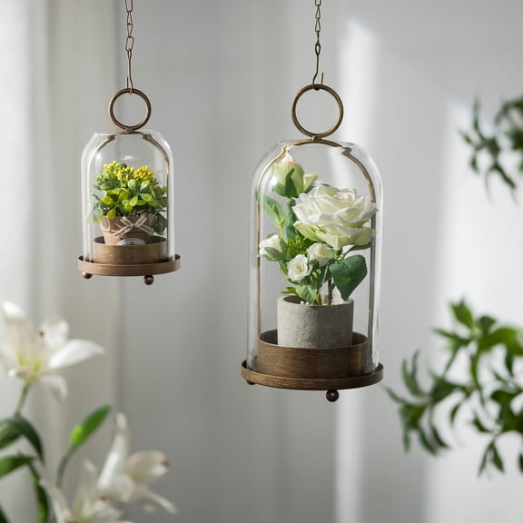 Glasseam Set of 2 Vintage Bronze Glass Hurricane Lantern: Metal Candle Holders with Dome for Farmhouse Table Centerpiece Mantel Fireplace Patio Indoor Outdoor Decor