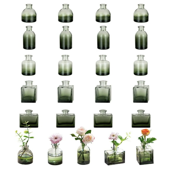 Glasseam Set of 20 Mini Glass Bud Vases: Small Clear Flower Vases for Centerpieces, Wedding Decor, Baby Shower Favors - Modern Table Decorations with Thick Glass (Green)
