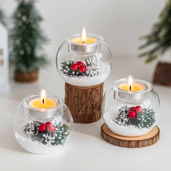 Glasseam Set of 3 Christmas Tealight Holders: Glass Votive Candle Holders with Artificial Pinecone Holiday Table Decor for Centerpieces DIY Snow Scene Party Gifts