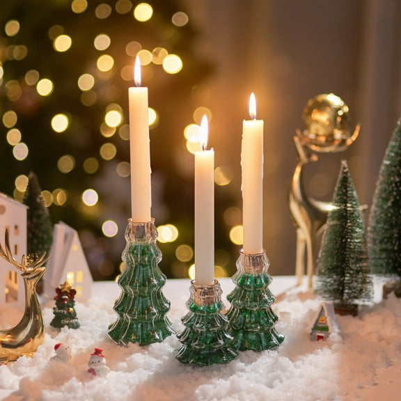 Glasseam Set of 3 Christmas Tree Candle Holder: Graduated Sizes with Green Glitter for Tabletop Festive Holiday Ambiance Mantel Holiday Decor Gifts DIY Centerpieces