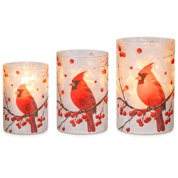 Glasseam Set of 3 Frosted Crackle Glass Hurricane Candle Holders: Red Cardinal Winter Bird Christmas Table Centerpiece Graduated Size for Taper Candles Wedding Rustic Mantel Fireplace Home Decor Gift