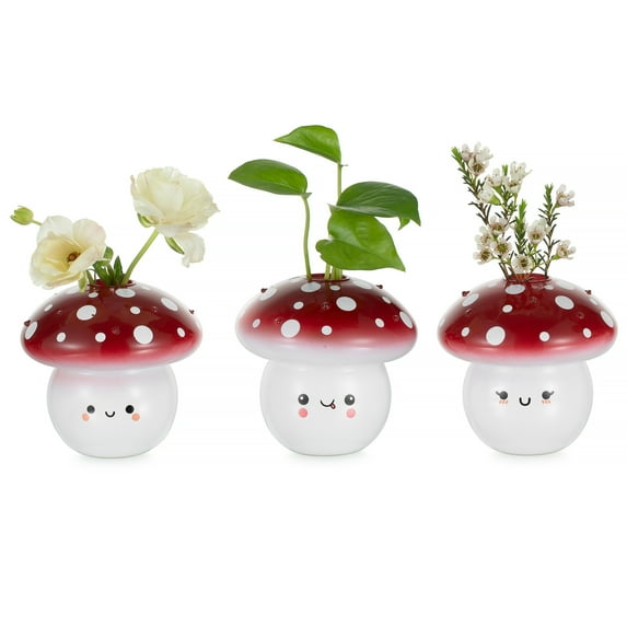 Glasseam Set of 3 Glass Mushroom Bud Vases with Facial Expressions - Cute Mini Flower Vases for Home, Table, or Room Decor - Unique Emotional Support Gift Idea for Women