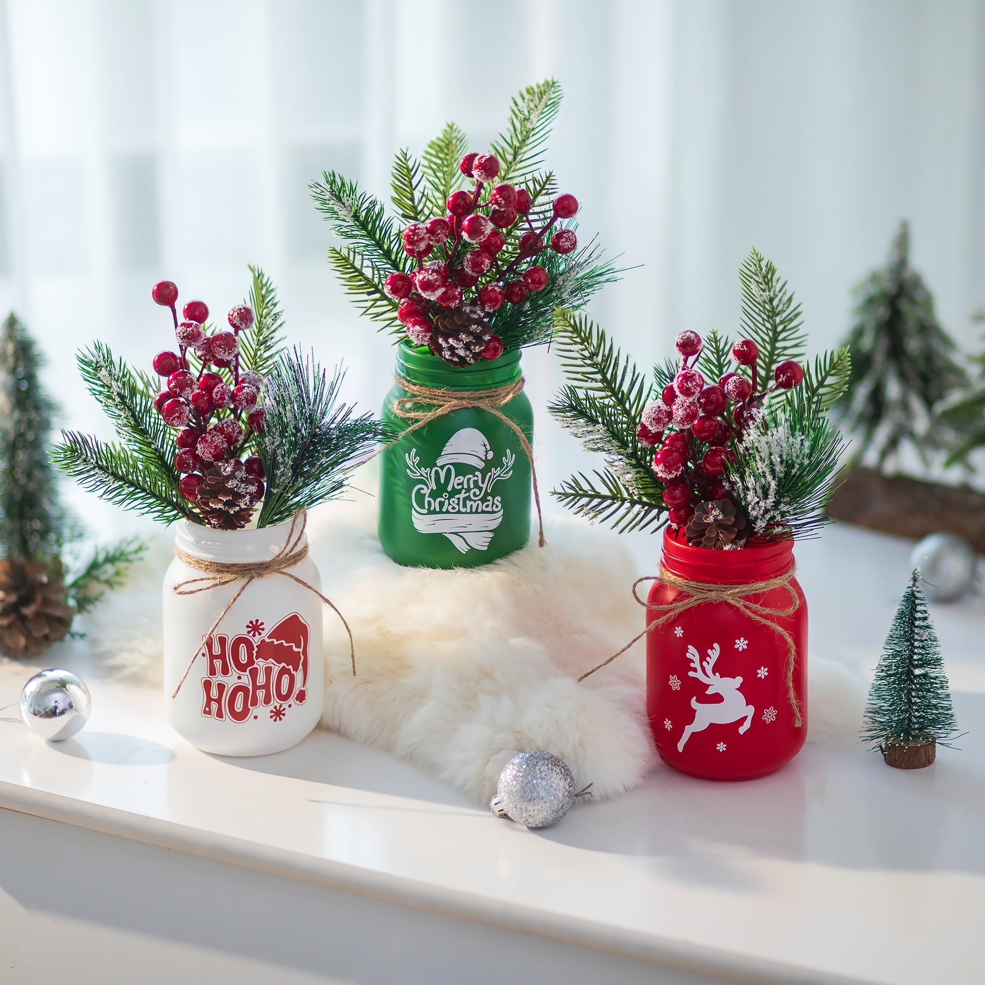 Glasseam Set of 3 Christmas Decorative Vases: Printed Glass Mason Jars with Artificial Pine Branches Berries Festive Home Decor Centerpiece or Holiday Gift Idea Table Mantle Living Room Bedroom