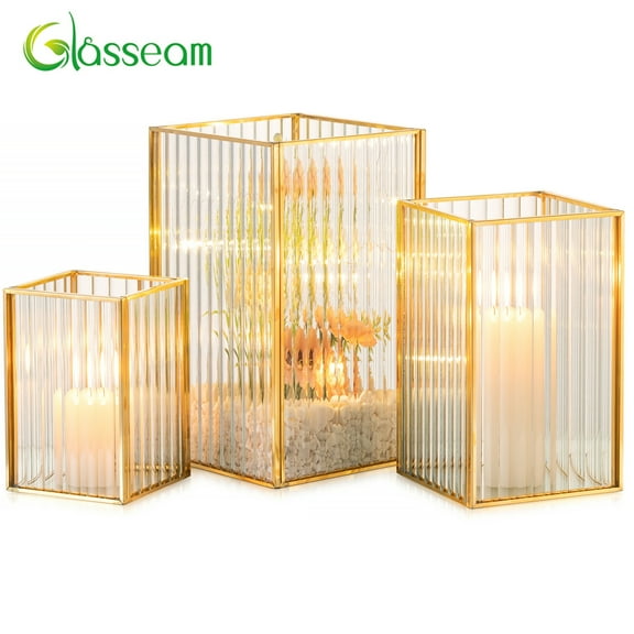Glasseam Set of 3 Square Gold Ribbed Hurricane Candle Holders: Modern Metal Pillar Candle Holders for Table Centerpieces, Christmas, Wedding, and Indoor Decoration