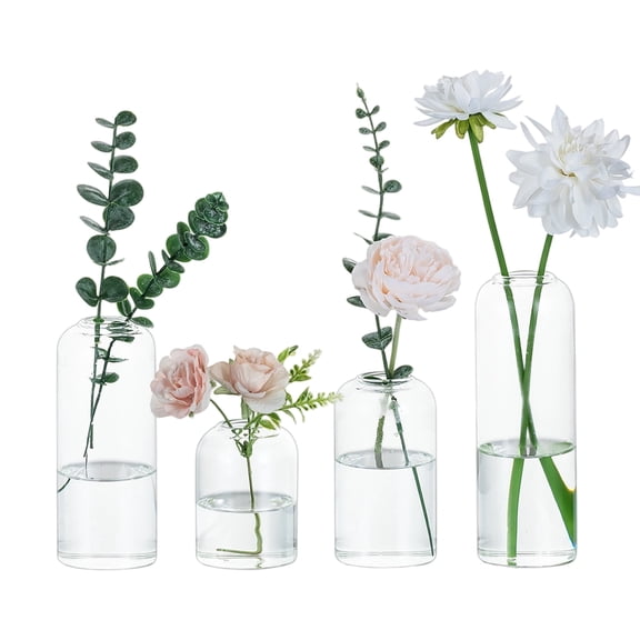 Glasseam Set of 4 Clear Glass Bud Vases Set, 4 Assorted Sizes Small Cylinder Flower Vases for Wedding Party Reception Centerpieces Table Decor Home Arrangement