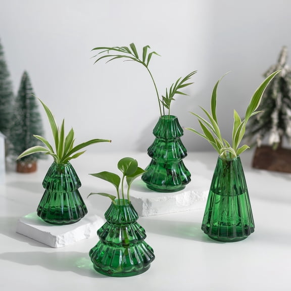 Glasseam Set of 4 Green Christmas Tree Propagation Stations: Elegant Glass Planter Vases for Hydroponics Festive Unique Home Tabletop Decor Holiday Gifts