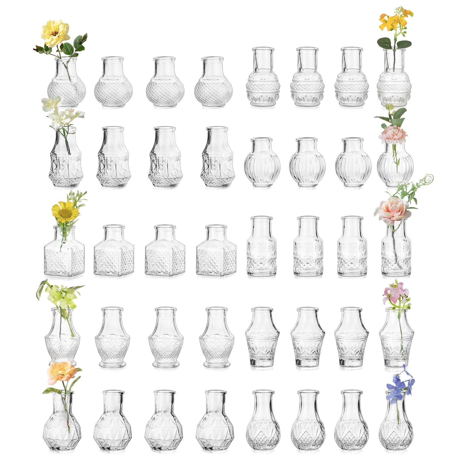 Glasseam Set of 40 Clear Glass Bud Vases: Mini Vintage Flower Vases for Weddings, Centerpieces, and Home Decor, Bulk Pack for Table Settings and Events