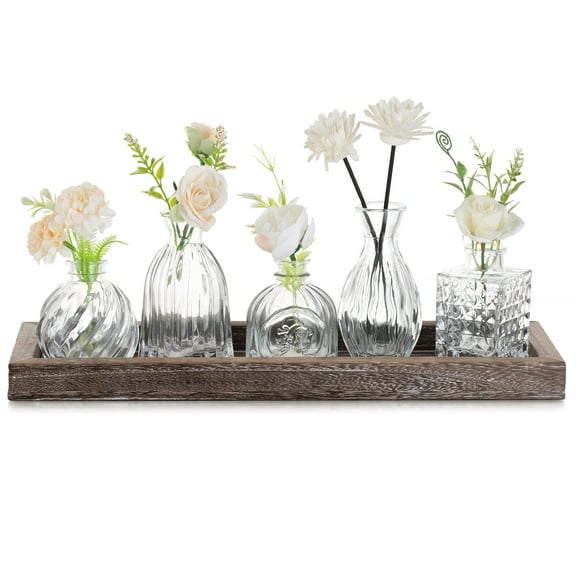 Glasseam Set of 5 Clear Glass Vase Set with Wooden Tray: Small Bud Vases for Flowers Home Decor Centerpiece Wedding Housewarming Gifts Living Room Office Table