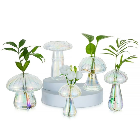 Glasseam Set of 5 Iridescent Glass Mushroom Vases: Shimmering Colorful Propagation Stations Small Bud Vases for Flowers Rainbow Home Decor Cute Planter Gift (MultiColor Glow)