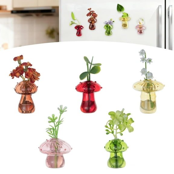 Glasseam Set of 5 Cute Mini Fridge Magnets: Colored Glass Tiny Bud Vases for Flowers Plants Mushroom Small Strong Magnets for Refrigerator Office Cabinet Locker Whiteboard Kitchen Decor