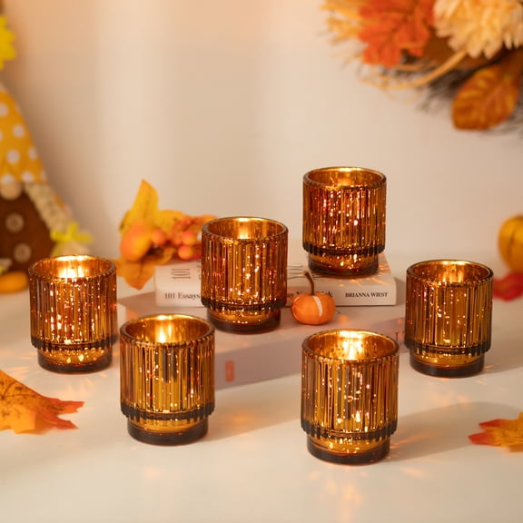 Glasseam Set of 6 Amber Electroplated Ribbed Glass Votive Candle Holders, Mercury Glass Tealight Holder Set for Thanksgiving Table Decor Christmas Mantel Gift Centerpiece