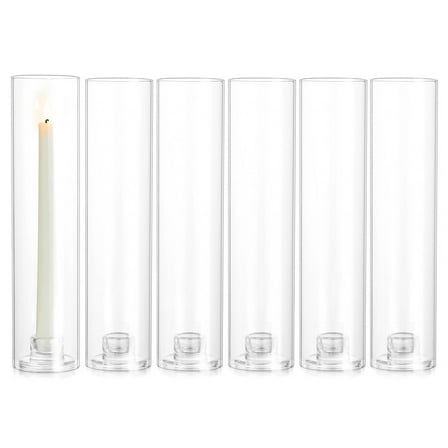 Glasseam Set of 6 Clear Glass Hurricane Candle Holders: 11" Tall Taper Candlestick Holders for Weddings Christmas Home Decor Heat-Resistant Cylinder Covers with 2 Base Holders