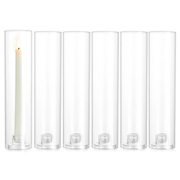 Glasseam Set of 6 Clear Glass Hurricane Candle Holders: 11" Tall Taper Candlestick Holders for Weddings Christmas Home Decor Heat-Resistant Cylinder Covers with 2 Base Holders