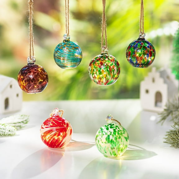 Glasseam Set of 6 Hand-Blown Glass Christmas Ornaments with LED Lights: Colorful Hanging Ball Decor for Tree Patio Garden Party Indoor Outdoor