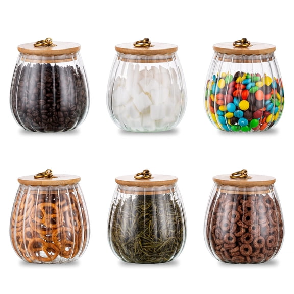 Glasseam Set of 6 Pumpkin Design Glass Canisters with Bamboo Lids: Airtight Kitchen Storage Jars for Coffee Candy Cookies Pantry Bathroom Organization