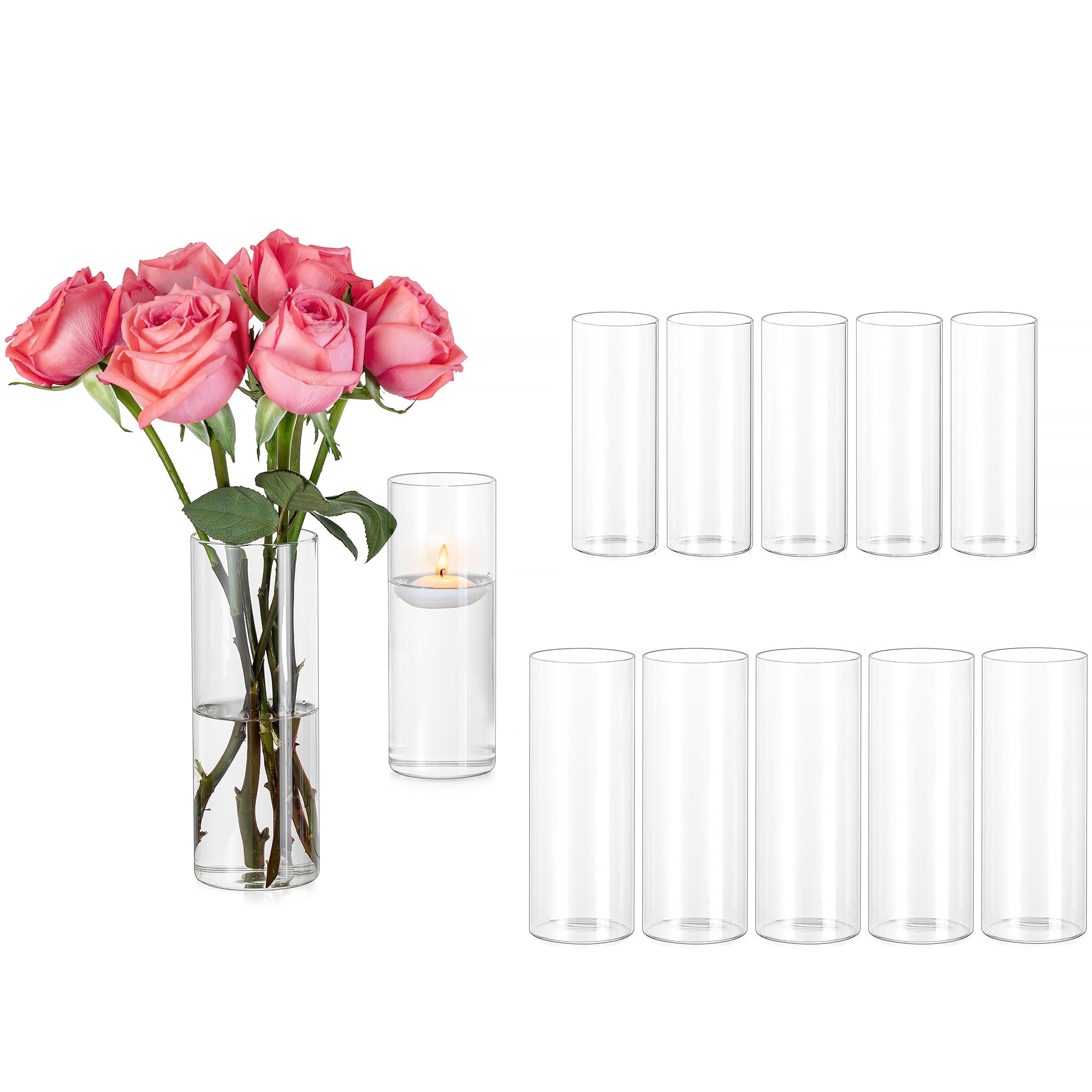 Glasseam Set of 12 Clear Glass Cylinder Vases for Centerpieces Floating Candle Holders Wedding Decor Floral Arrangements
