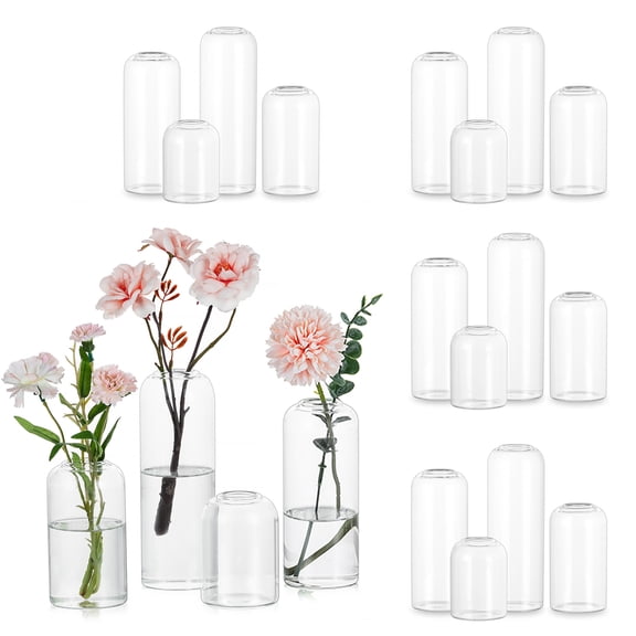 Glasseam Set of 20 Clear Glass Bud Vases Set, 4 Assorted Sizes Small Cylinder Flower Vases for Wedding Party Reception Centerpieces Table Decor