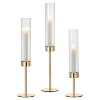 Glasseam Set of 3 Brass Hurricane Candle Holders: Windproof Taper Candle Sticks Holder with Weighted Base for Wedding Christmas Decor (14.5"-19")