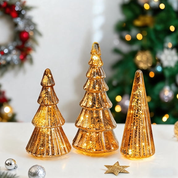 Glasseam Set of 3 Brown Mercury Glass Christmas Tree with Lights, Battery Operated Timer for Mantel Tabletop Decor