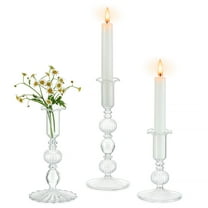 Glasseam Set of 3 Clear Glass Taper Candle Holders: Modern Cylinder Ribbed Design for Weddings, Christmas Decor- Boho Home Centerpiece