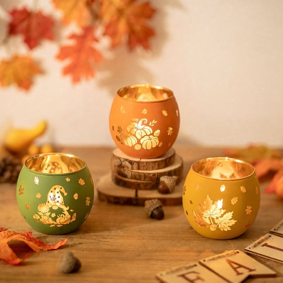 Glasseam Set of 3 Fall Harvest Glass Tealight Holders, Laser Engraved Autumn Leaf Gnome Pumpkin Candle Holders for Thanksgiving Decor