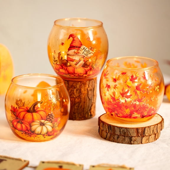 Glasseam Set of 3 Fall Tealight Candle Holders: Amber Glass Pumpkin & Gnome Designs, Thanksgiving Halloween Decor Table Centerpiece