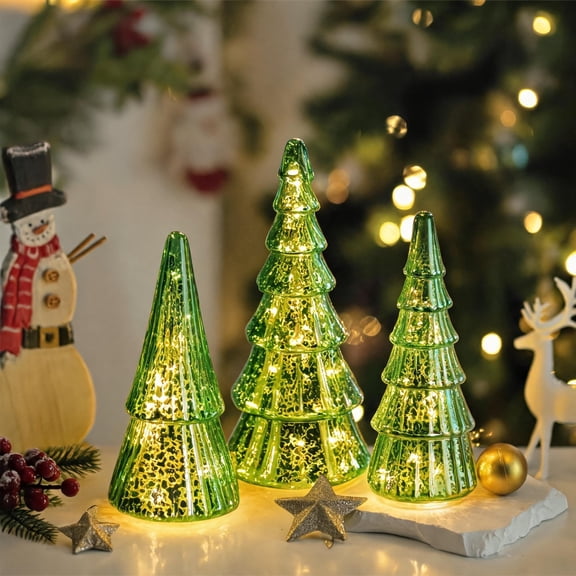 Glasseam Set of 3 Green Mercury Glass Christmas Tree with Lights, Battery Operated Timer for Mantel Tabletop Decor